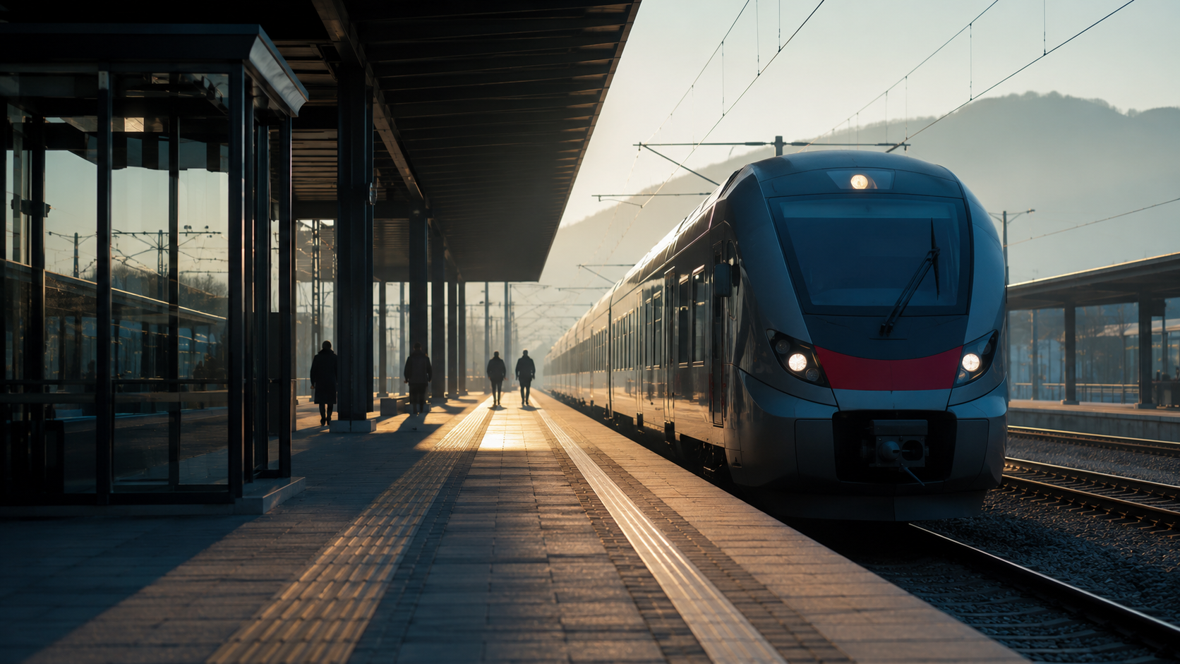 Un quai de gare moderne avec un train et quelques voyageurs en silhouettes lointaines