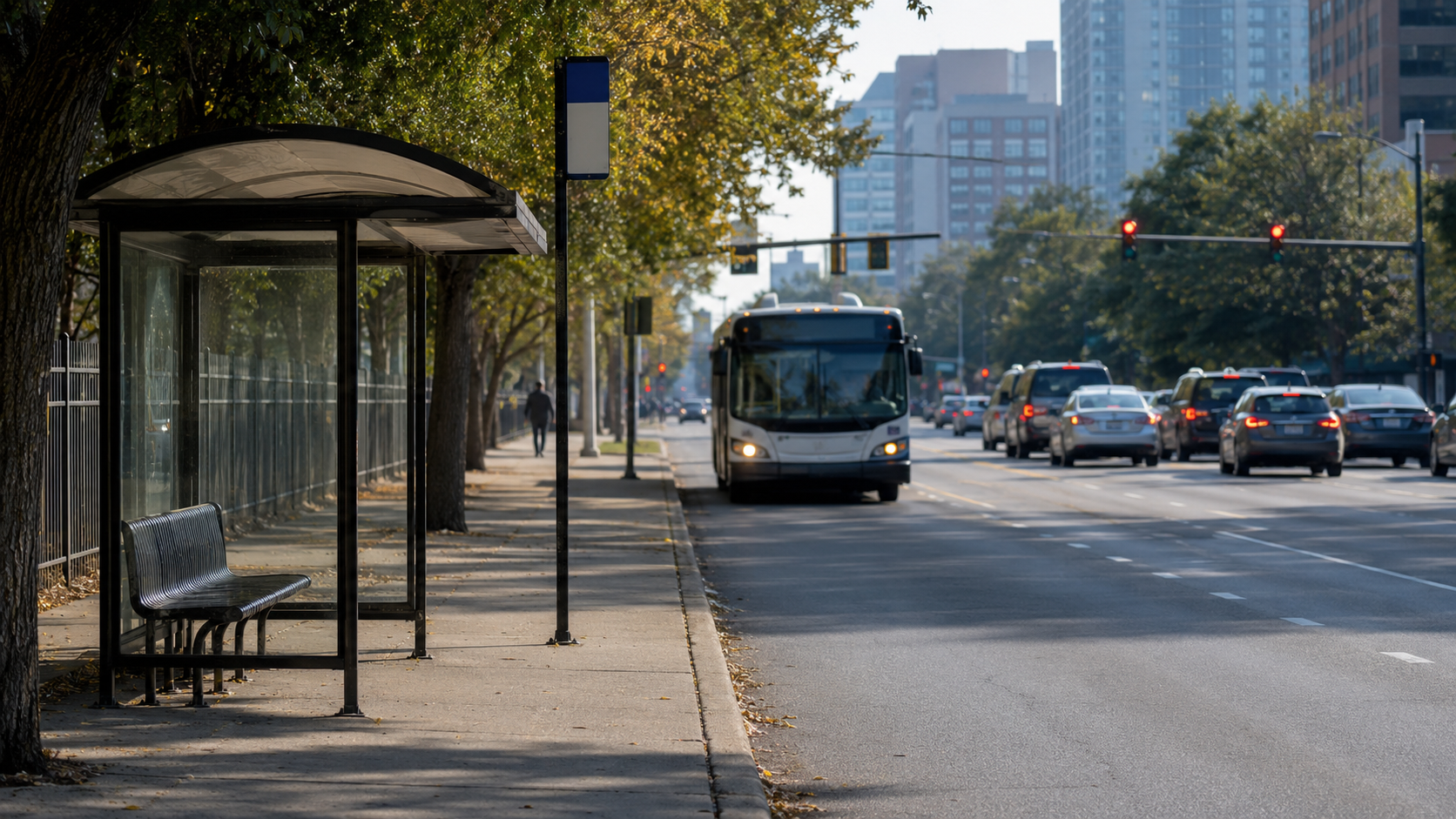 Un abri de bus urbain avec un bus qui approche et des voitures à un feu à côté