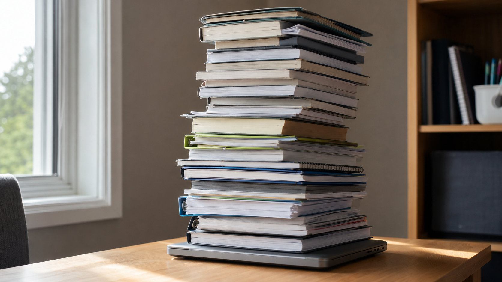 Une pile très haute de manuels et de classeurs sur un bureau d'élève, un ordinateur portable fermé au pied