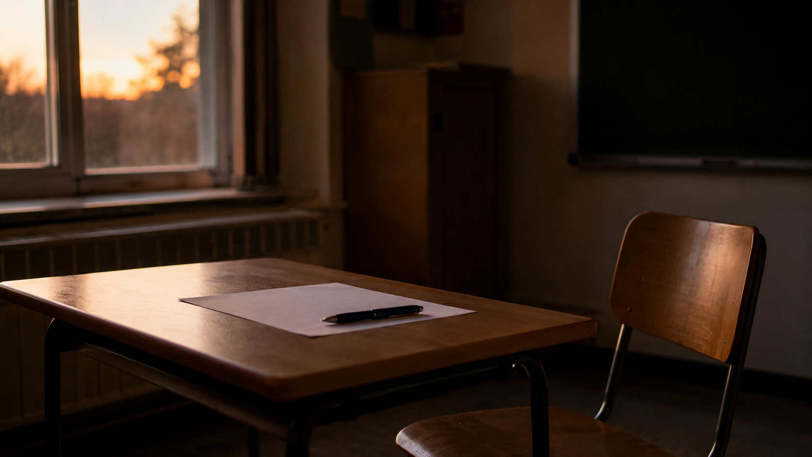 Une table de classe au crépuscule, une feuille blanche et un stylo, la chaise reculée