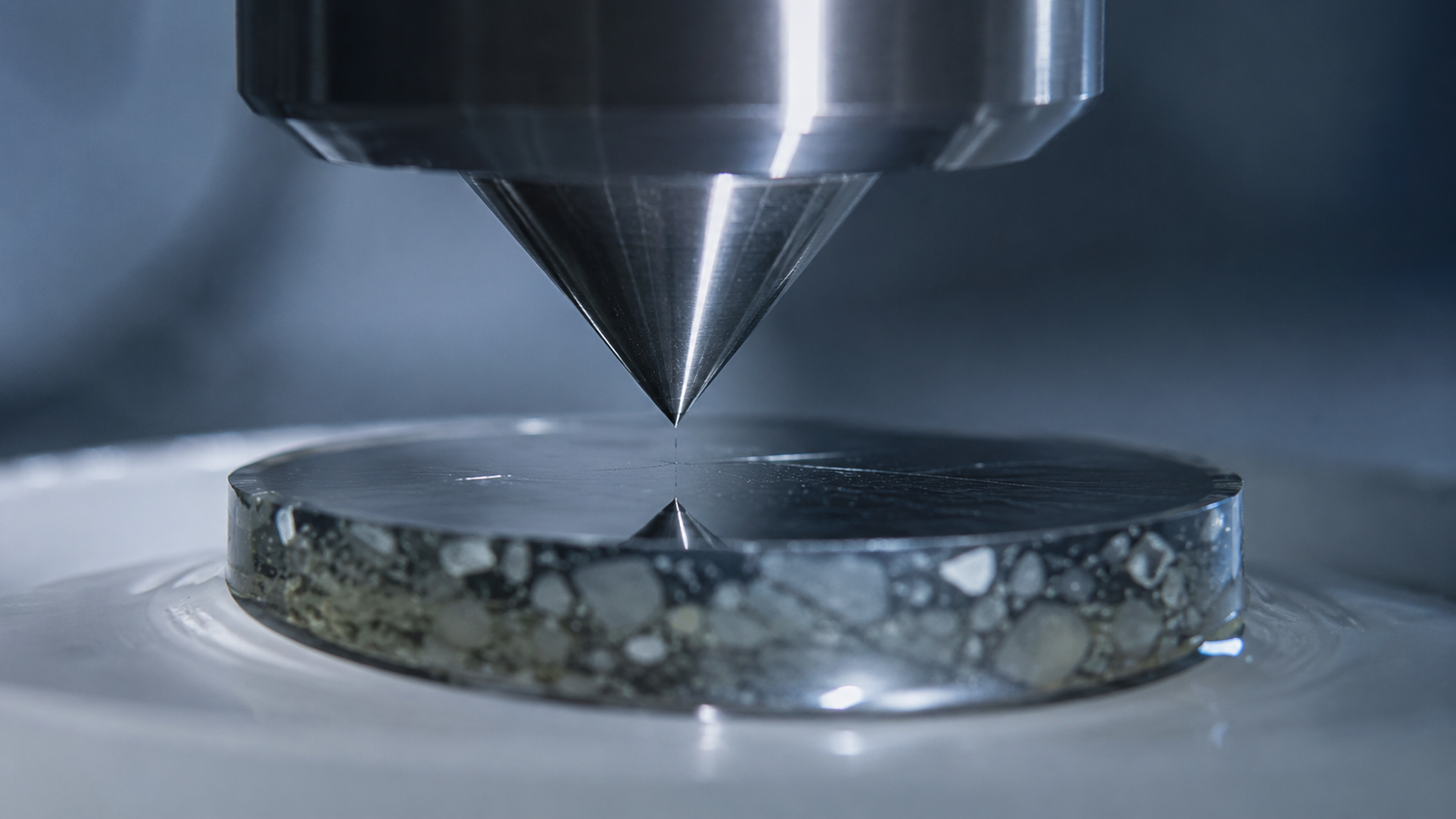Pointe d'un instrument de nanoindentation descendant vers un échantillon poli enrobé de résine