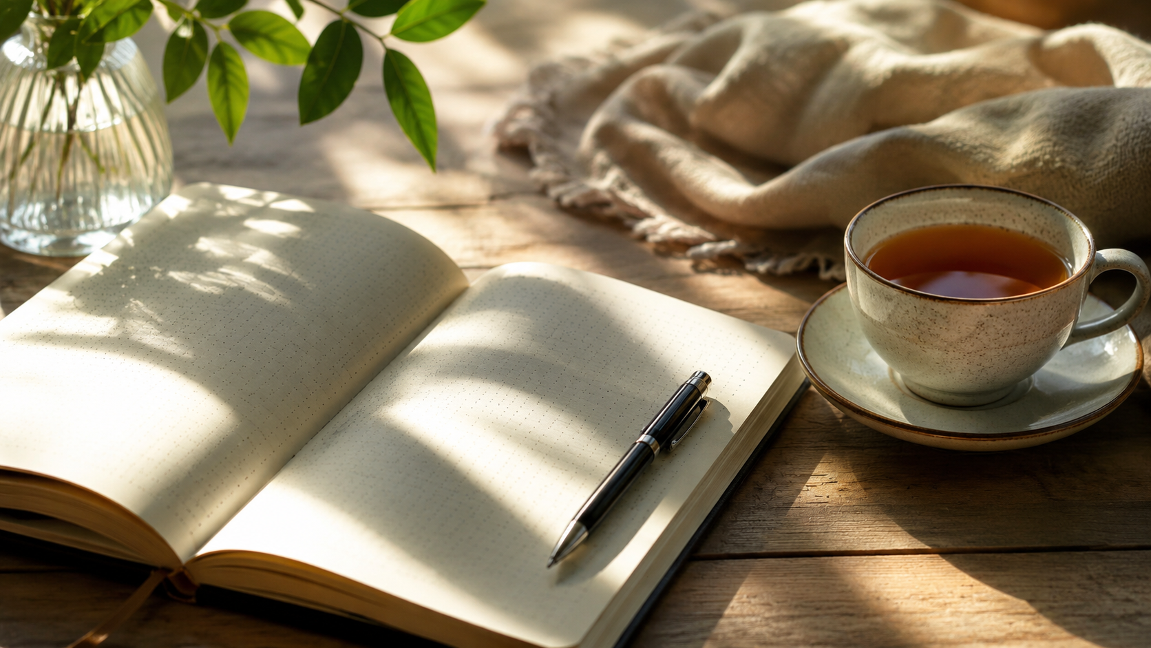 Carnet ouvert et stylo posés sur une table près d'une tasse de thé