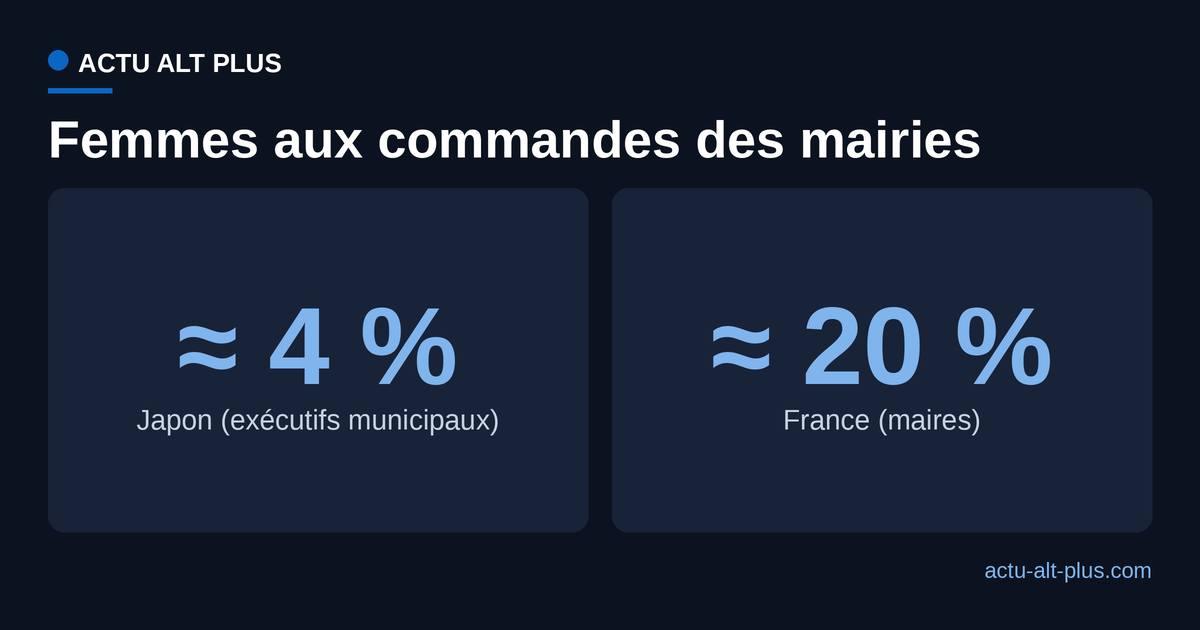 Part des femmes dans les mairies : environ 4 % des exécutifs municipaux au Japon contre environ 20 % des maires en France.