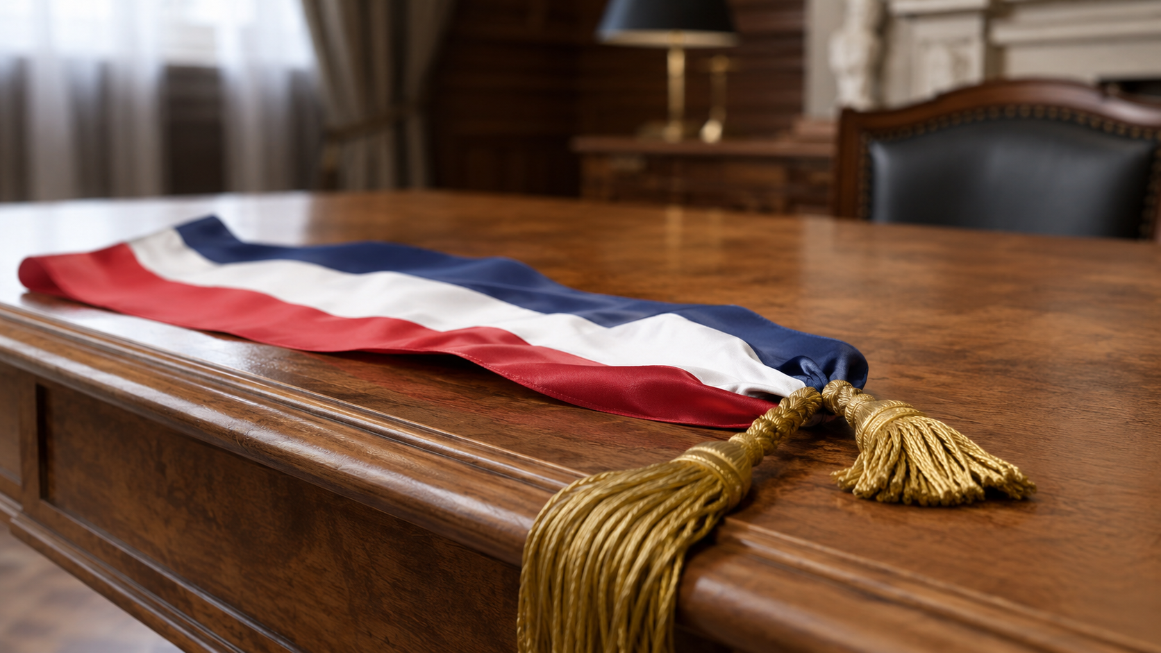 Une écharpe tricolore de maire pliée sur un bureau en bois, bureau vide.