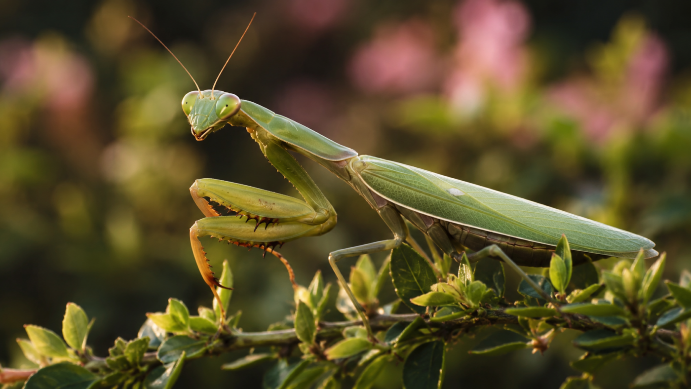 Grande mante verte posée sur une branche d'arbuste dans un jardin, en gros plan