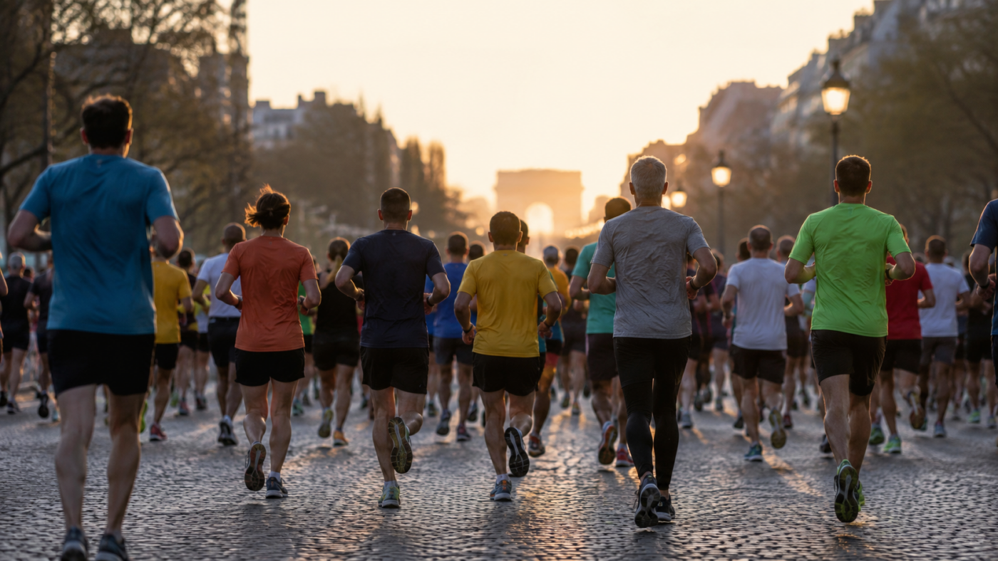 Groupe de marathoniens amateurs vus de dos sur une avenue parisienne au petit matin, maillots colorés sans texte lisible