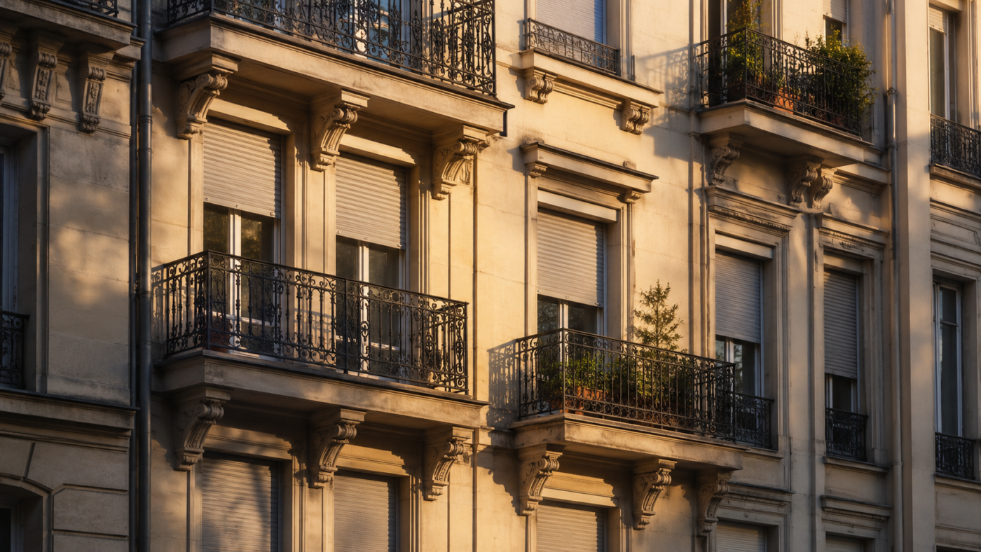 Façade d'un immeuble d'habitation urbain en fin d'après-midi, rangées de fenêtres, balcons métalliques et volets à demi fermés.