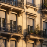 Façade d'un immeuble d'habitation urbain en fin d'après-midi, rangées de fenêtres, balcons métalliques et volets à demi fermés.