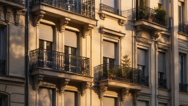 Façade d'un immeuble d'habitation urbain en fin d'après-midi, rangées de fenêtres, balcons métalliques et volets à demi fermés.