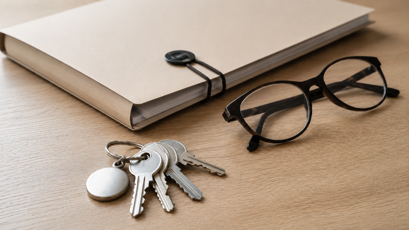 Trousseau de clés à porte-clés neutre posé sur une table en bois clair, près d'une chemise cartonnée fermée et de lunettes de lecture.