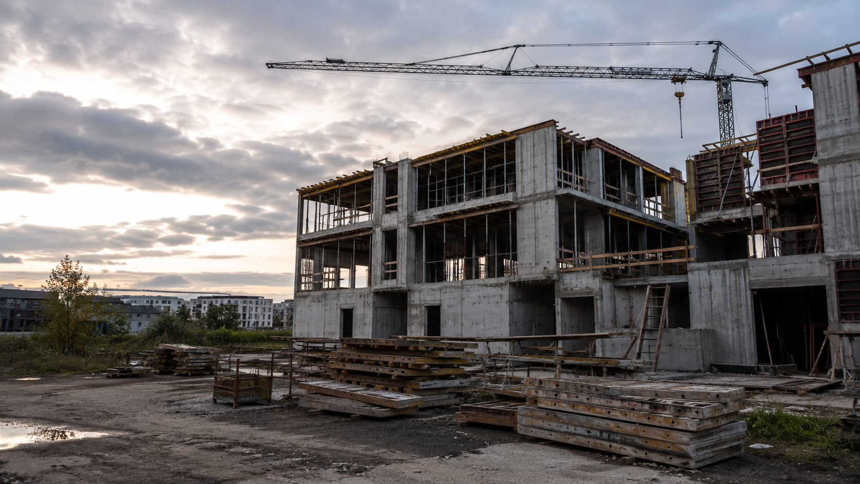 Chantier de logements à l'arrêt, structure béton inachevée, grue immobile, panneaux de coffrage empilés et échafaudages vides.