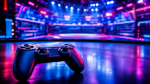Une manette de jeu posée devant un grand écran affichant une arène de jeu de combat vide en lumière néon bleue et magenta