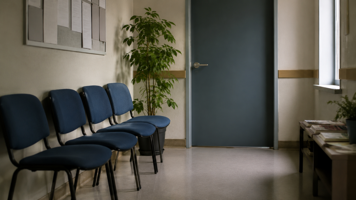 Salle d'attente vide d'un service social public, chaises alignées le long d'un mur pâle devant une porte de bureau fermée