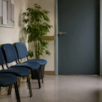 Salle d'attente vide d'un service social public, chaises alignées le long d'un mur pâle devant une porte de bureau fermée