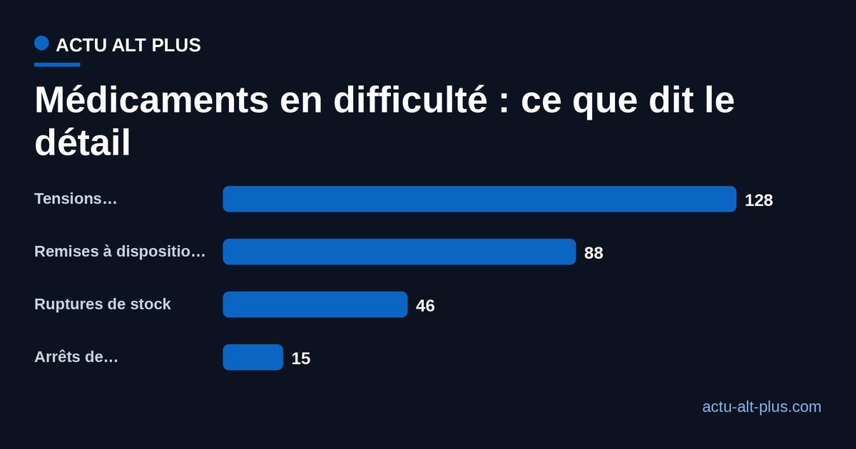 Répartition des 174 difficultés d'approvisionnement relevées sur la base de l'ANSM le 27 juillet 2026 : 128 tensions, 88 remises à disposition, 46 ruptures de stock, 15 arrêts de commercialisation