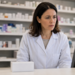 Une pharmacienne en blouse blanche consulte un écran derrière son comptoir, l'air préoccupé, une boîte de médicament sans marque posée devant elle
