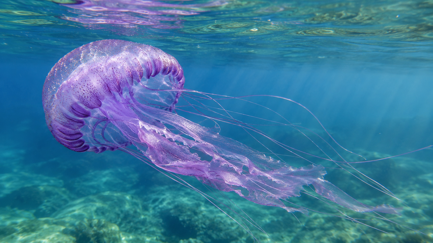 Méduse violette dérivant sous la surface d'une mer turquoise