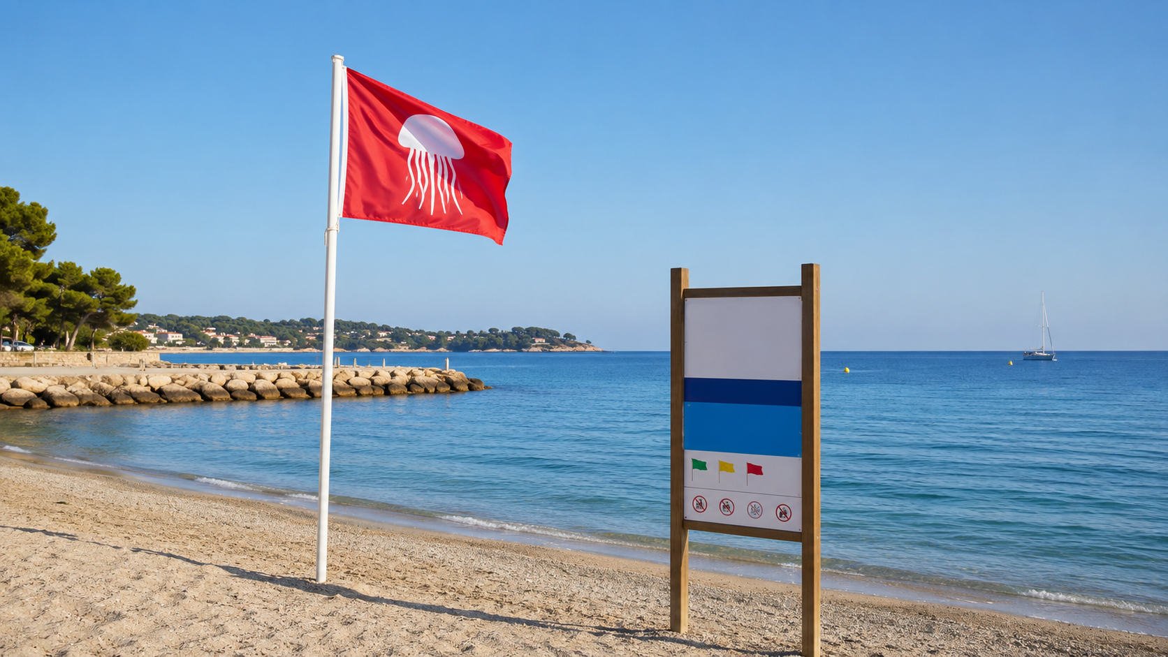 Fanion de baignade et panneau d'information sur une plage méditerranéenne