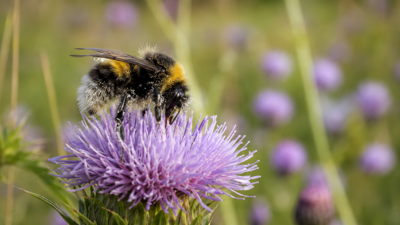 Gros plan d'un bourdon poilu butinant une fleur sauvage violette dans une prairie