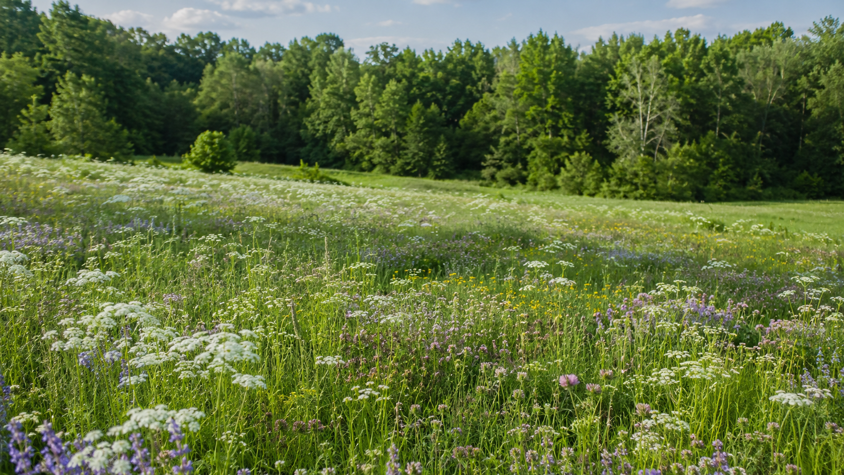 Une prairie fleurie rurale en été, fleurs sauvages jusqu'à une lisière d'arbres
