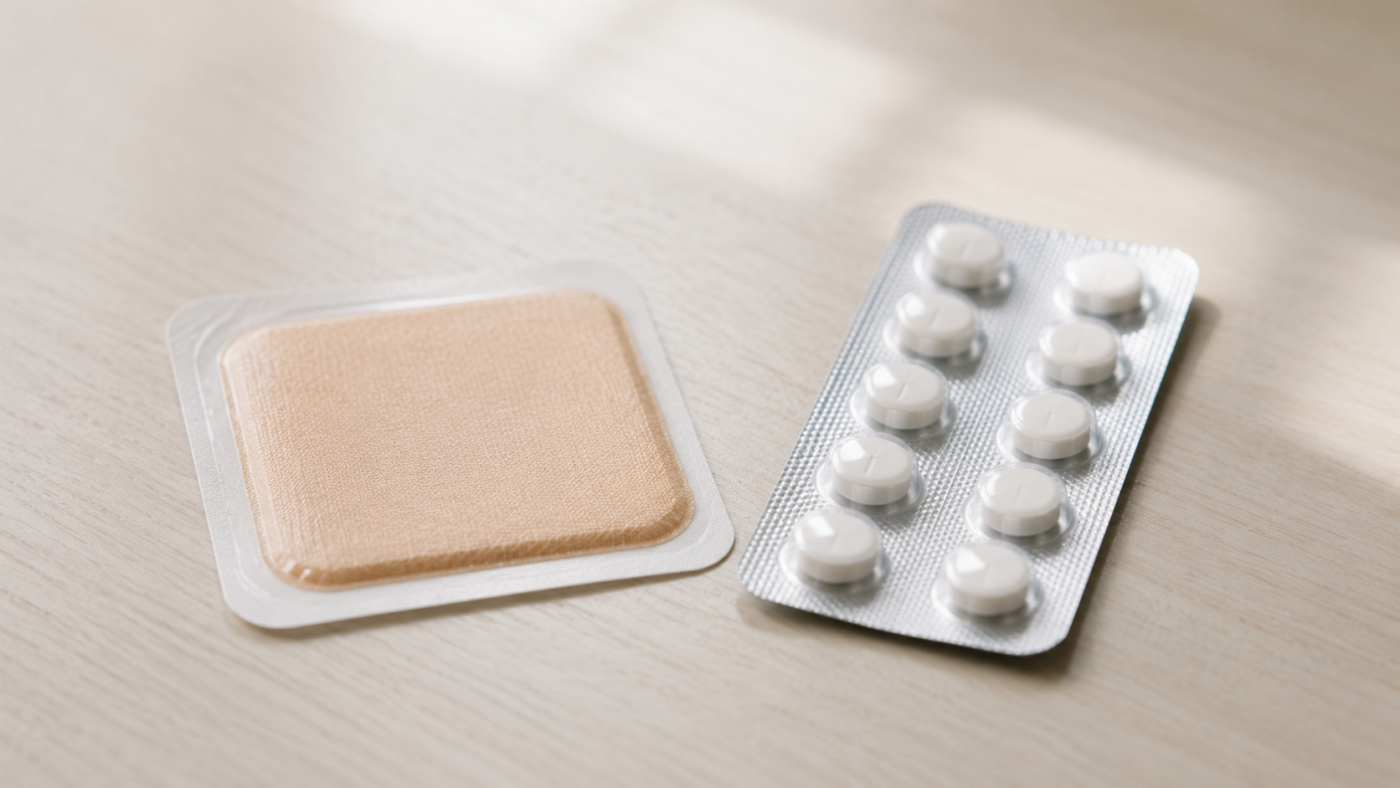 Un patch transdermique et une plaquette de comprimés posés sur une table claire