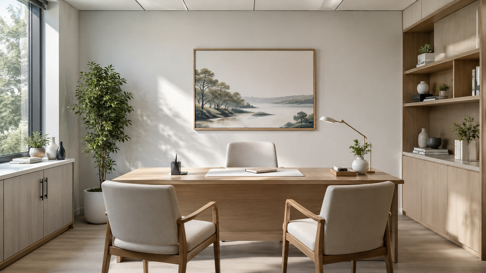 Un cabinet médical calme et vide vu sous un angle neutre, avec un bureau et deux chaises