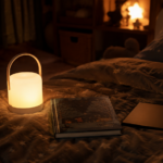 Chambre d'enfant la nuit, une veilleuse douce à côté d'un livre illustré fermé et d'une tablette posée sur la couverture