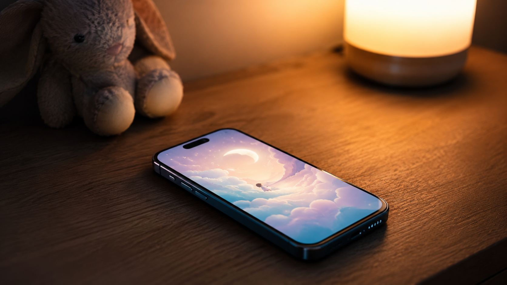 Smartphone sur une table de nuit affichant une illustration douce de livre pour enfants, une peluche floue à côté