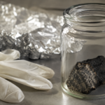 Fragment de météorite à croûte de fusion noire posé dans un bocal de verre, avec des gants jetables blancs et une feuille d'aluminium à côté