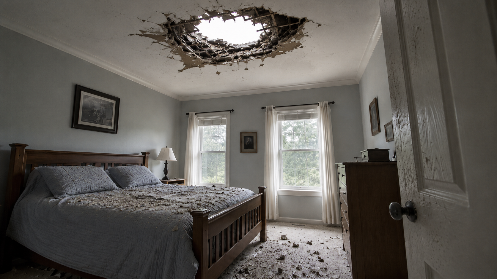 Trou déchiqueté dans le plafond d'une chambre, poussière de plâtre et petits fragments sombres répandus sur un lit et une moquette