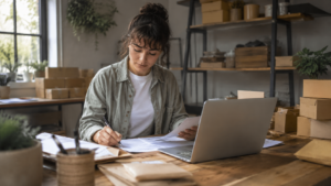Jeune micro-entrepreneur installant son activité dans un petit bureau à domicile