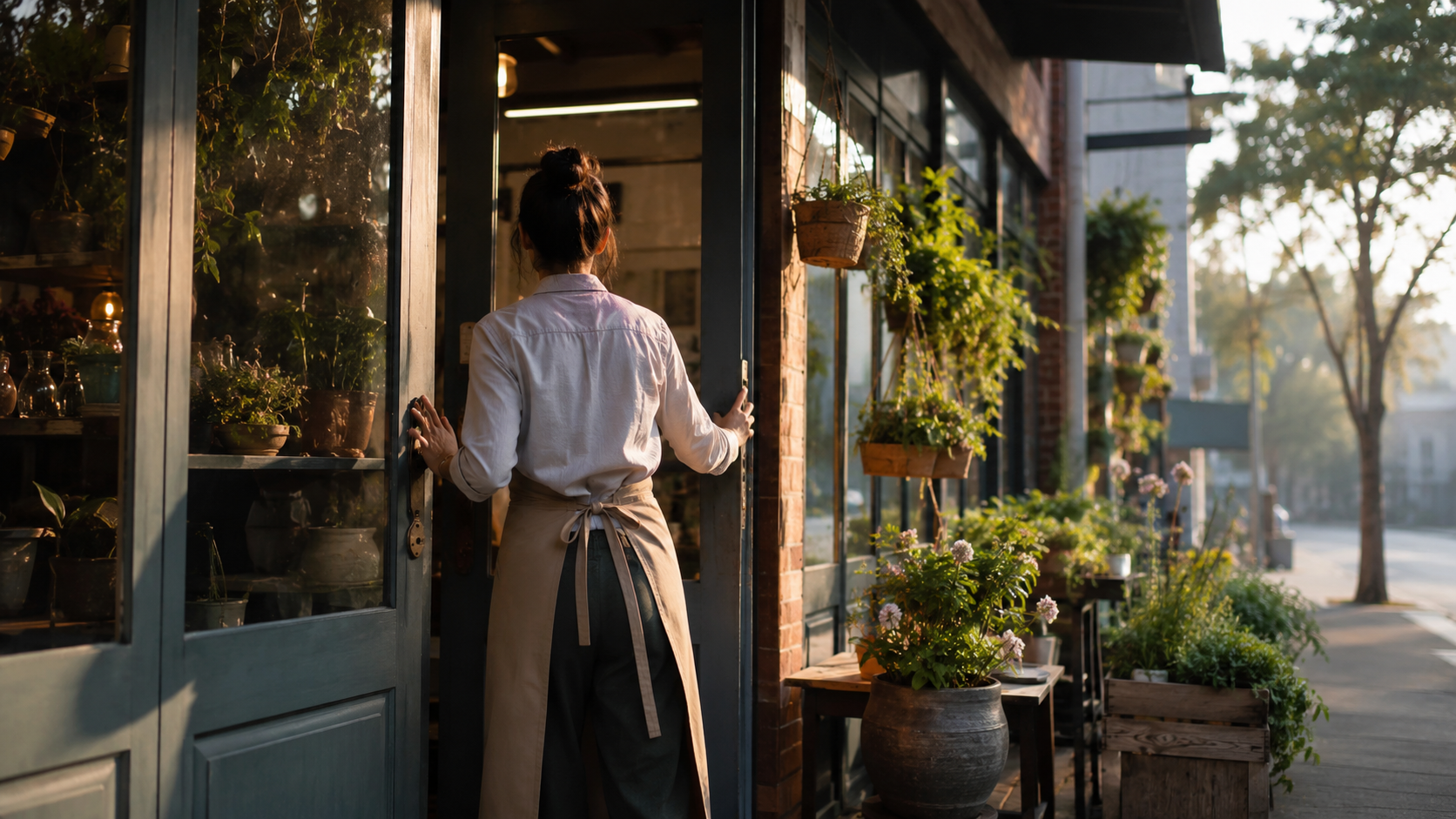 Jeune artisan ouvrant sa petite entreprise récemment créée au petit matin
