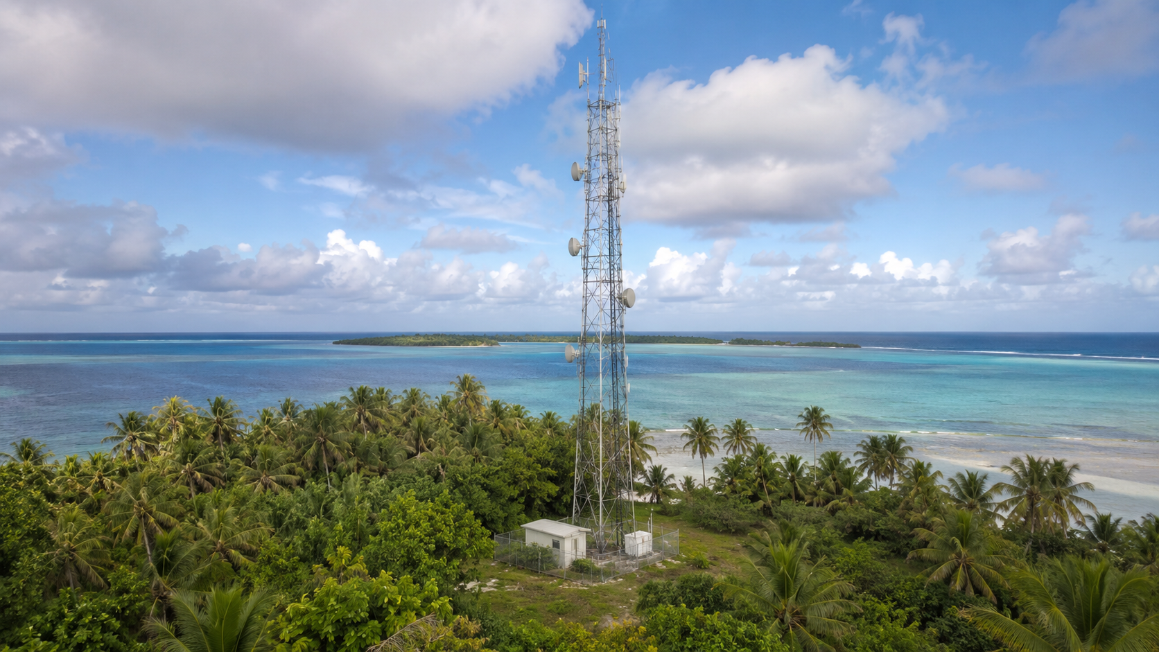 Pylône de télécommunications en treillis isolé sur une île tropicale basse, entouré de cocotiers, lagon et océan en arrière-plan