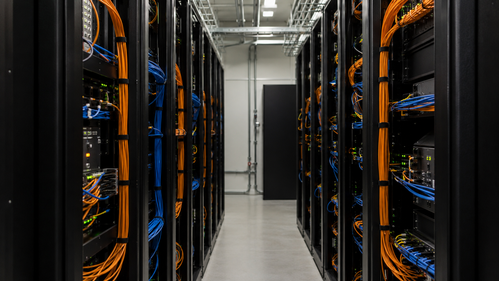 Allée entre deux rangées de baies réseau, jarretières en fibre optique orange et bleu, voyants de veille dans une petite salle technique