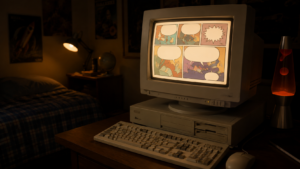Un ordinateur beige des années 1990 avec un écran cathodique affichant des cases de bande dessinée et des bulles vides