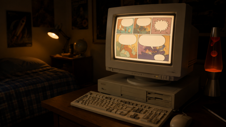 Un ordinateur beige des années 1990 avec un écran cathodique affichant des cases de bande dessinée et des bulles vides