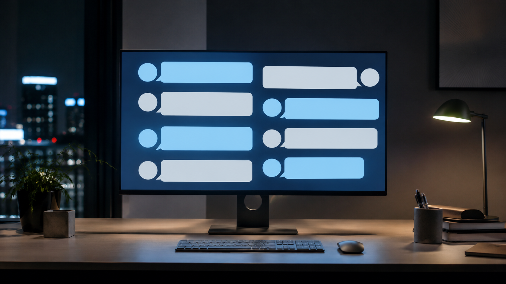 Un écran moderne affichant une grille abstraite de bulles de discussion vides et de pastilles d'avatars