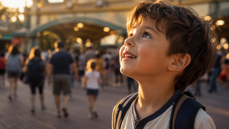 Un enfant émerveillé à l'entrée d'un parc d'attractions au coucher du soleil