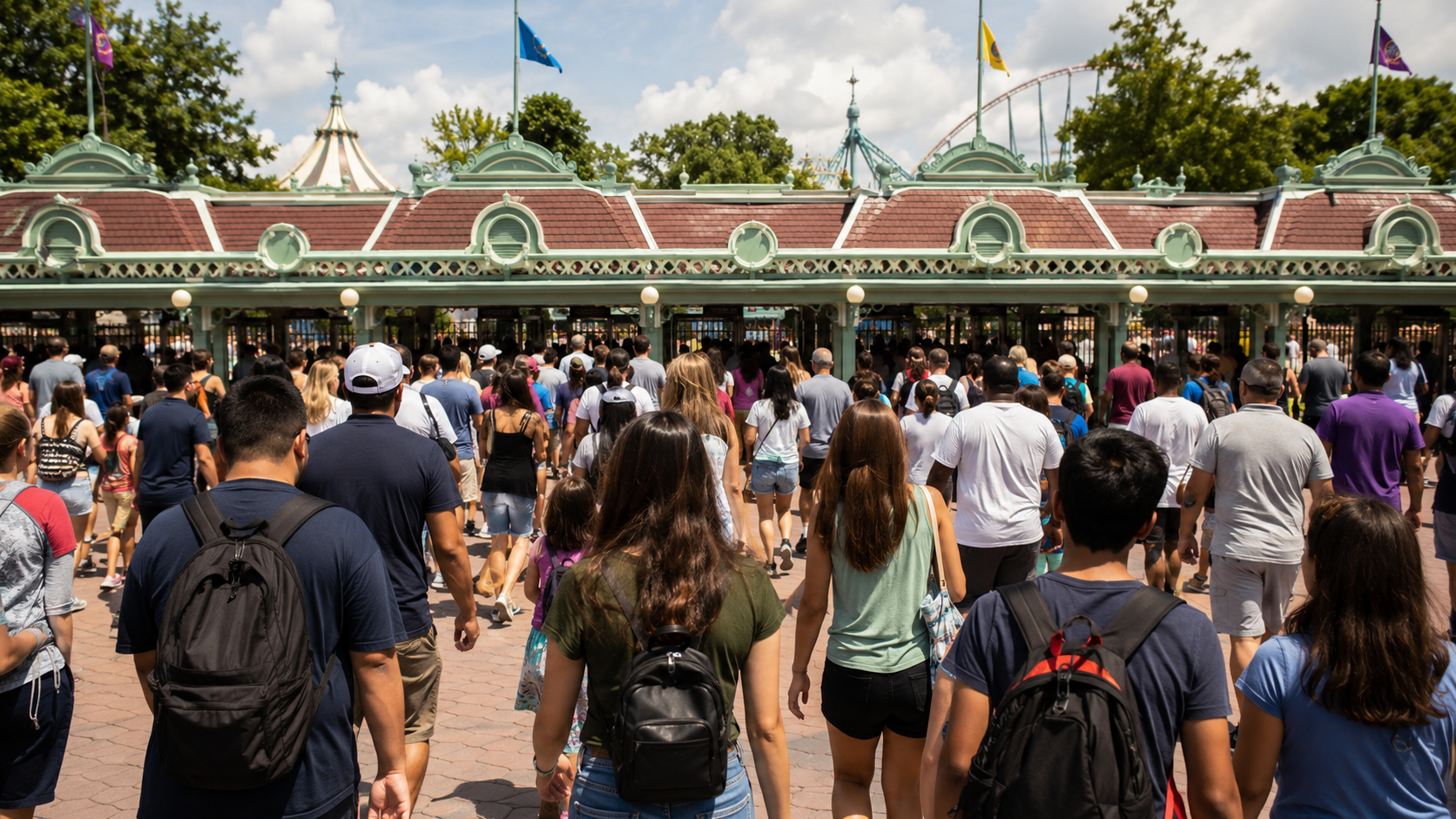 Foule de visiteurs franchissant les tourniquets d'un parc d'attractions