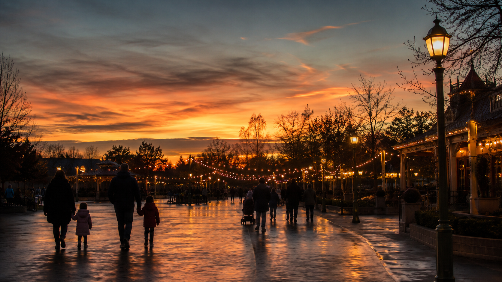 Silhouettes de familles sur l'esplanade d'un parc de loisirs au crépuscule