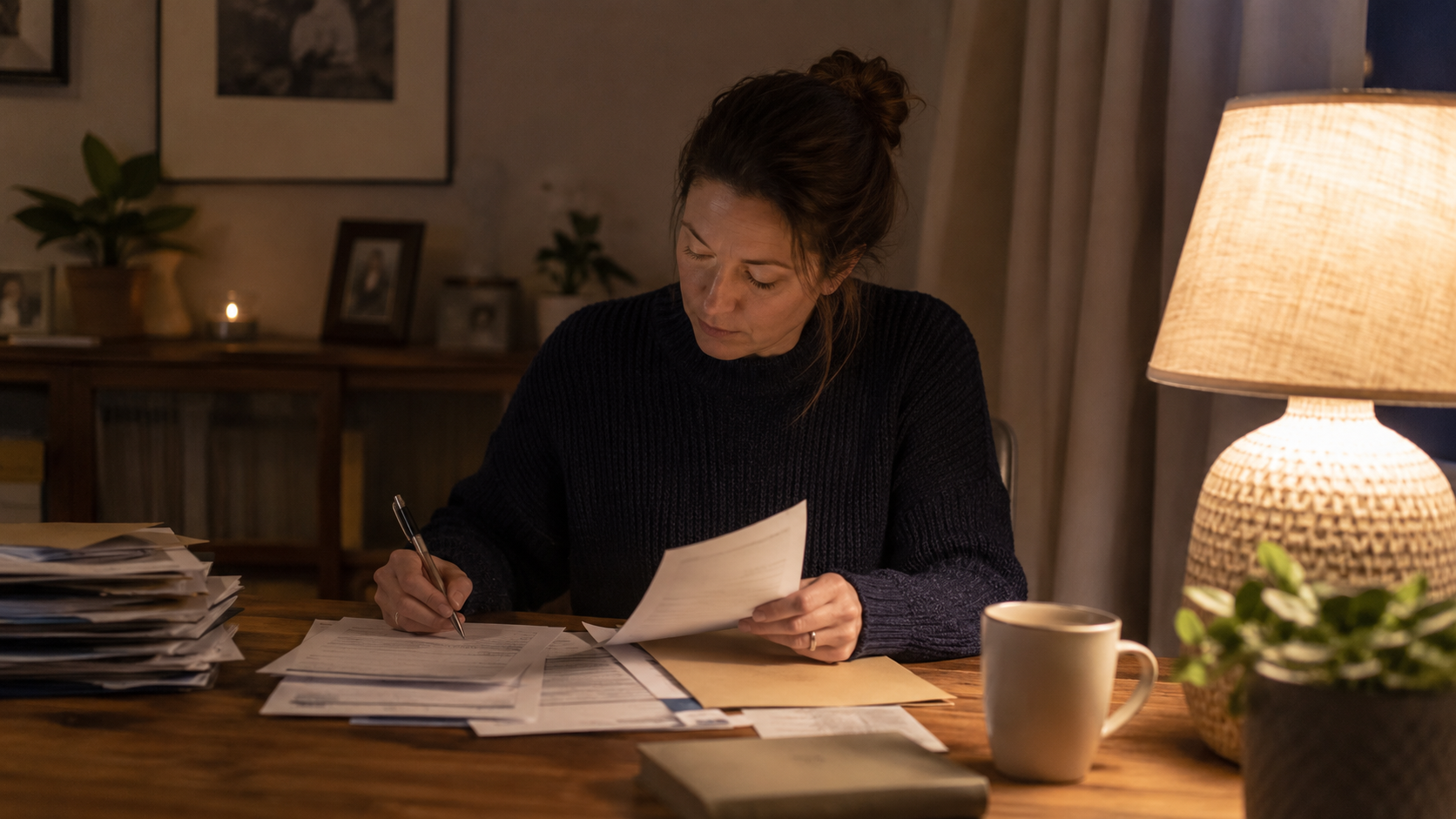 Une personne seule trie des documents médicaux le soir sous une lampe