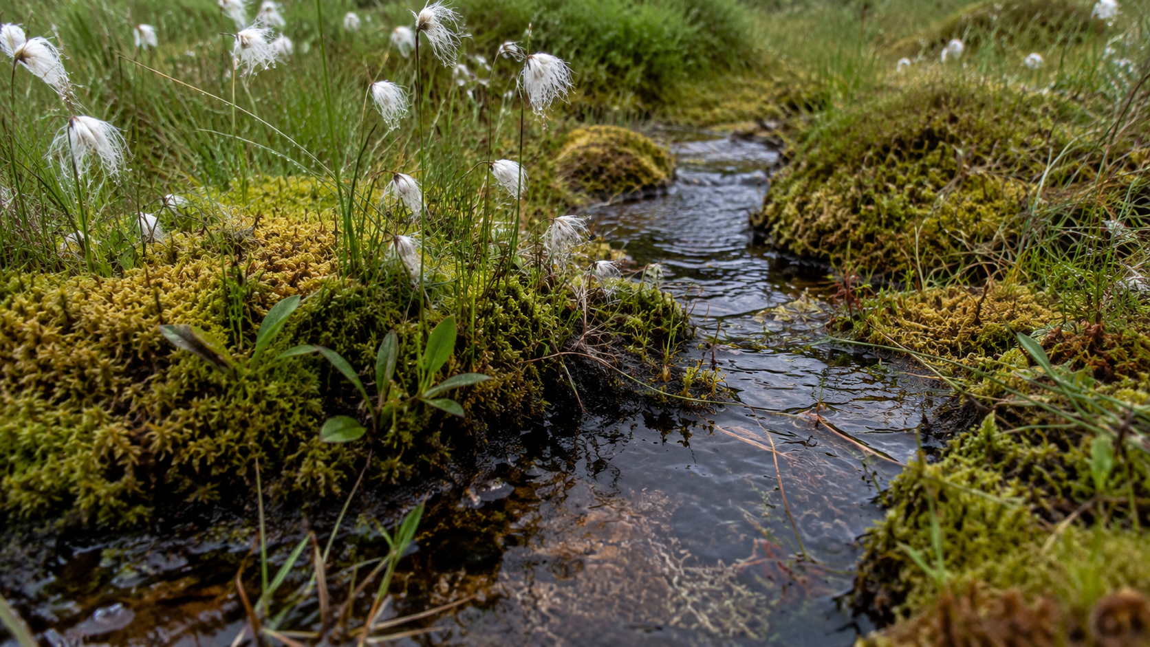 Gros plan d'une tourbiere en bonne sante et d'un petit cours d'eau sinueux, mousses et linaigrette