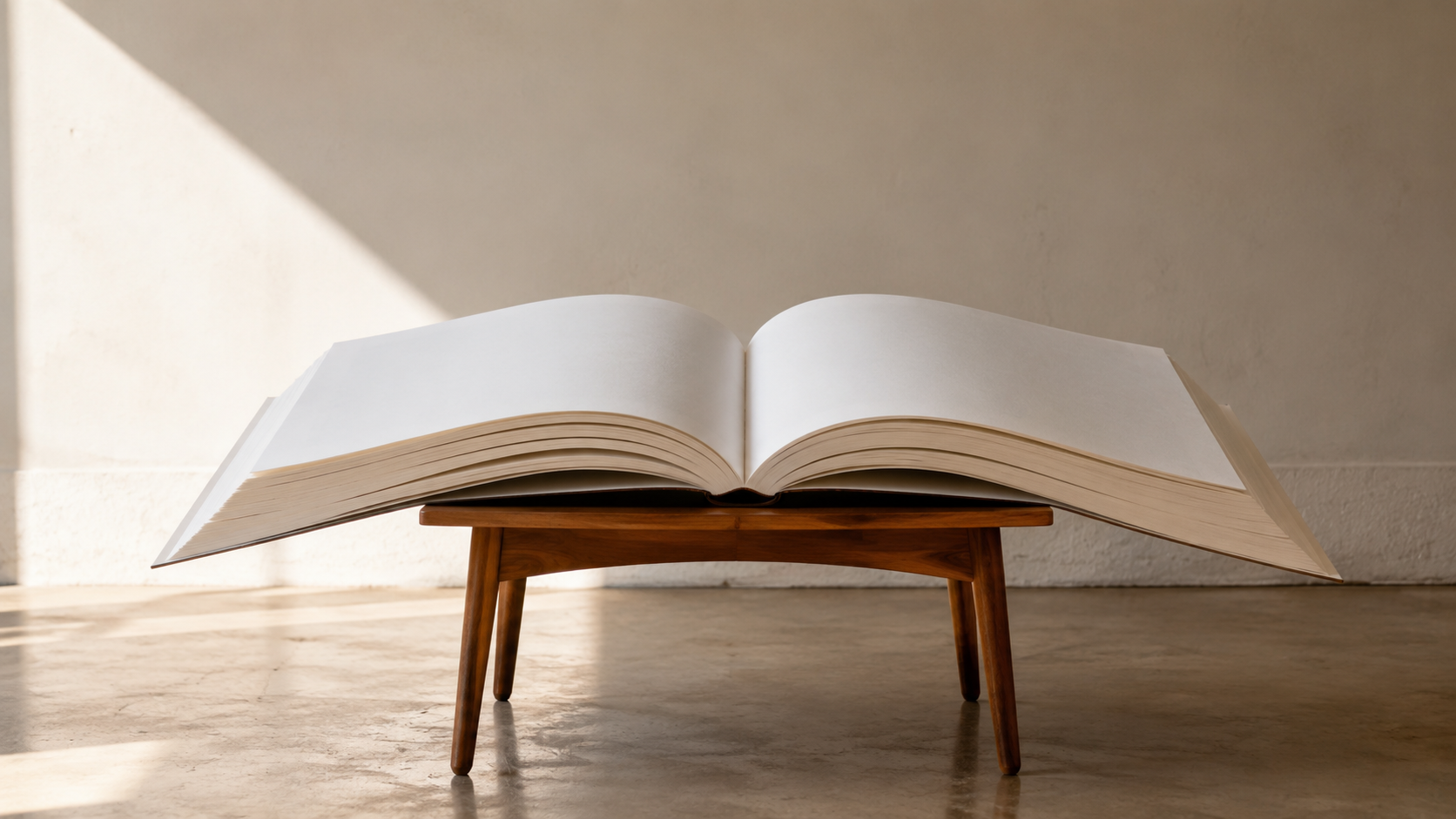 Un livre ouvert beaucoup trop grand posé sur une petite table en bois, ses pages débordant des deux côtés