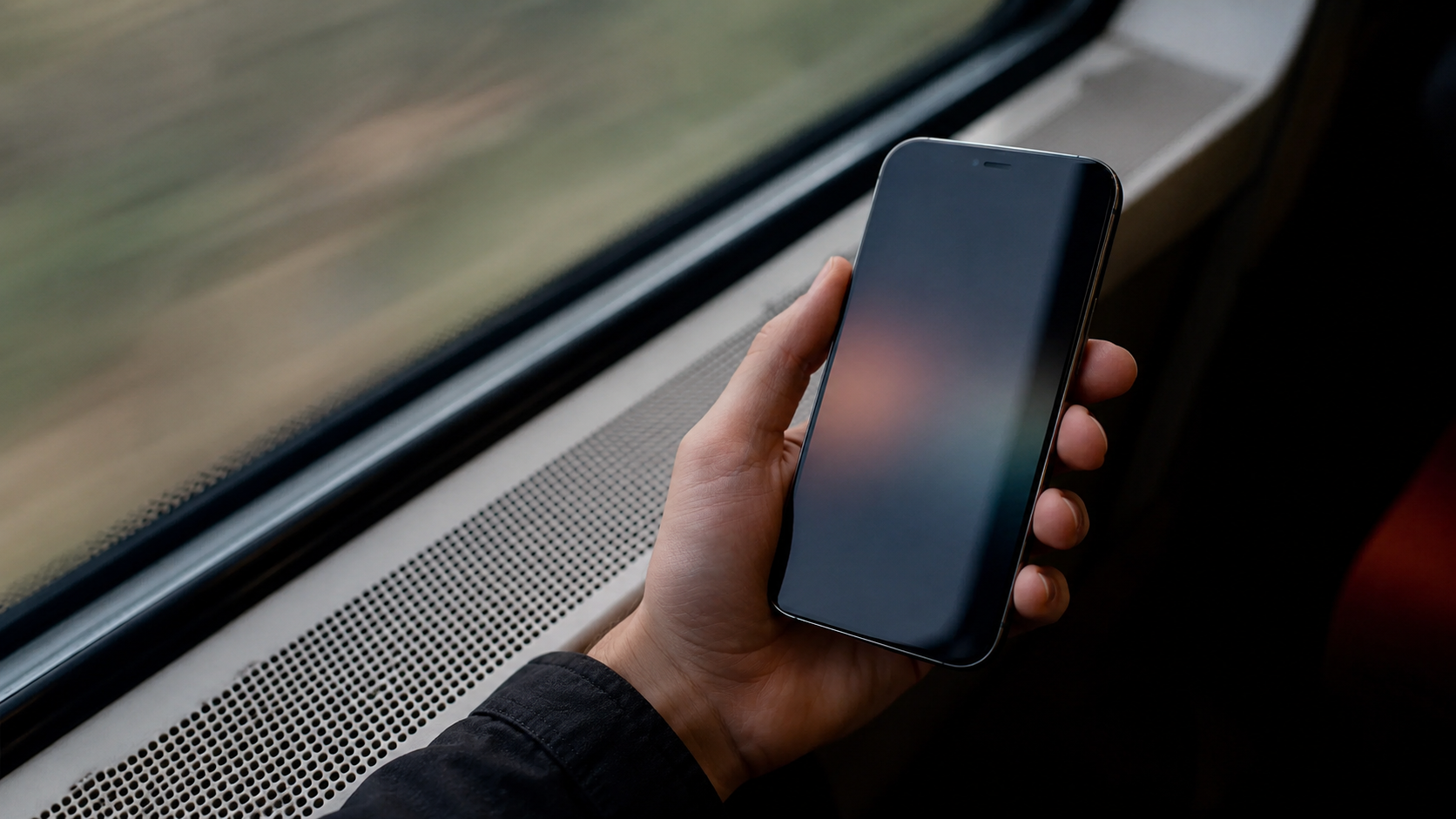 Une main tenant un smartphone dans un train, le paysage défilant flou derrière la fenêtre