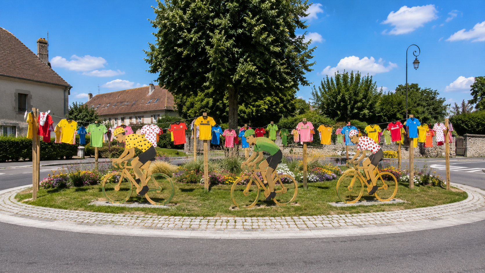 Un rond-point de village décoré de cyclistes en bois avant le passage du Tour