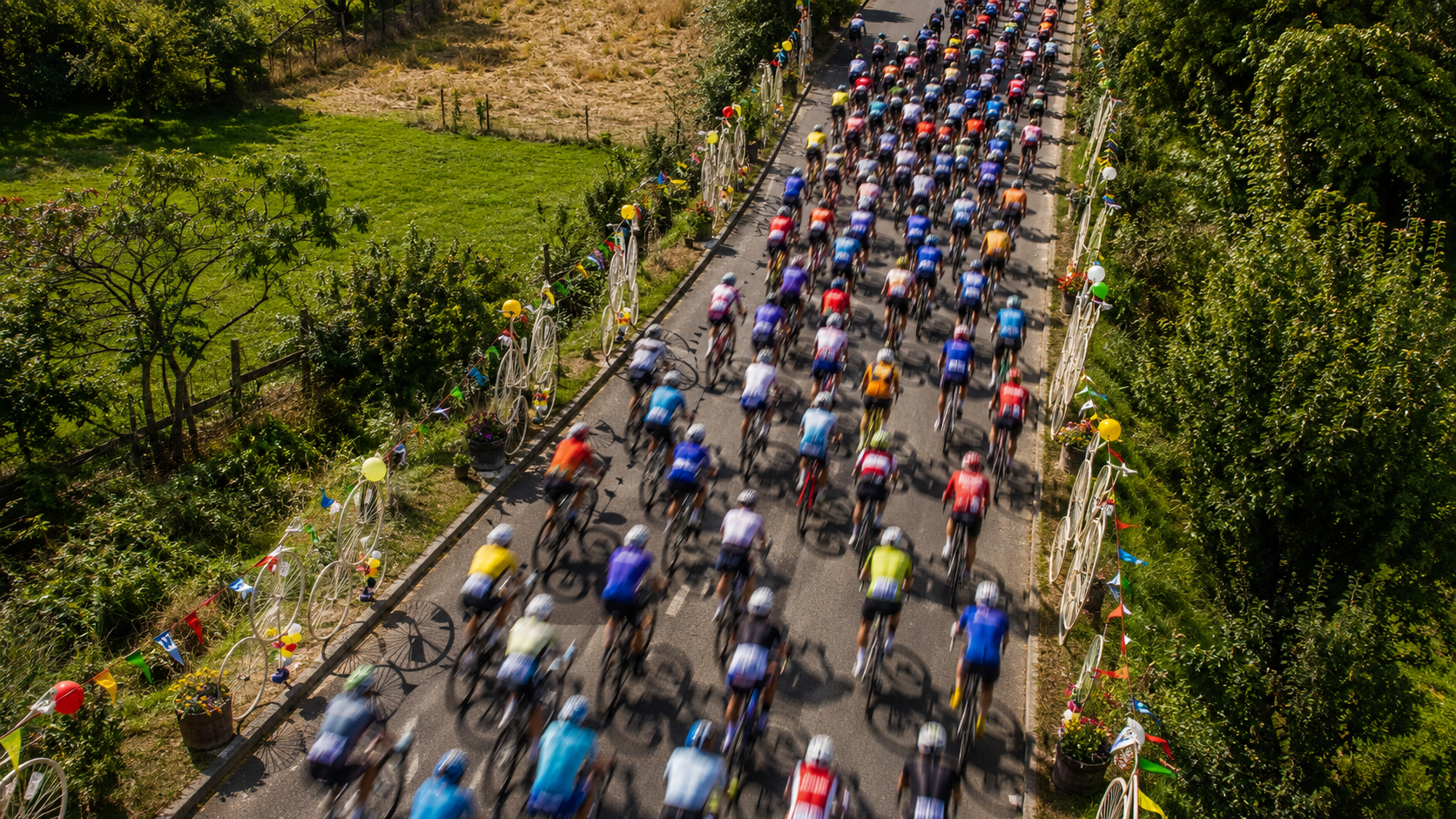 Vue aérienne d'un peloton cycliste franchissant une route de campagne décorée