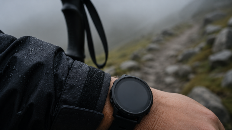 Gros plan d'un poignet portant une montre noire sans marque, main posée sur un bâton de randonnée, sentier rocheux et brume en arrière-plan