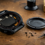 Boîtier de montre de sport noir sans marque ouvert sur un établi en bois, fond démonté posé à côté et tournevis de précision