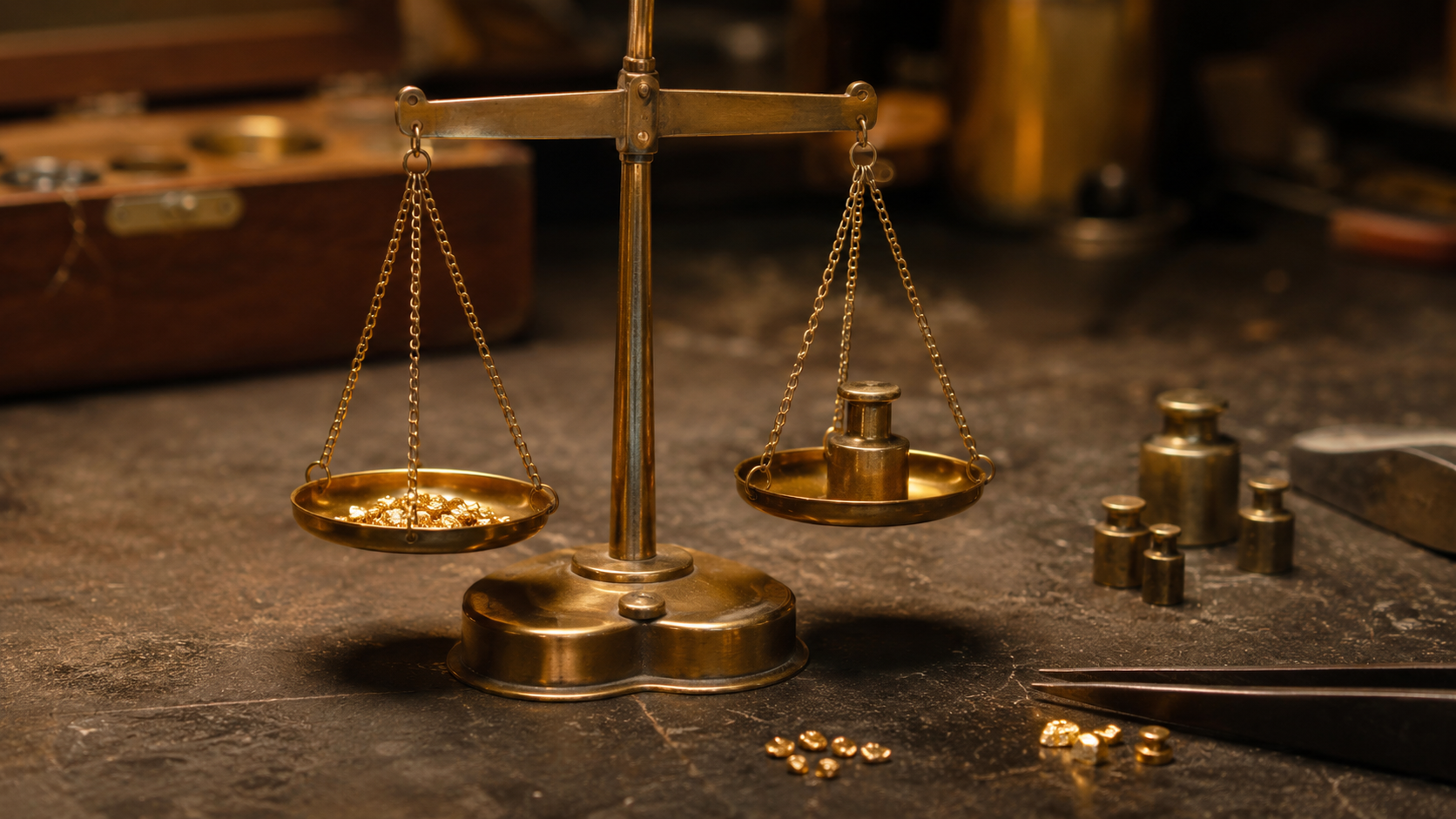 Une balance de bijoutier en laiton pesant des grains d'or sur un établi sombre