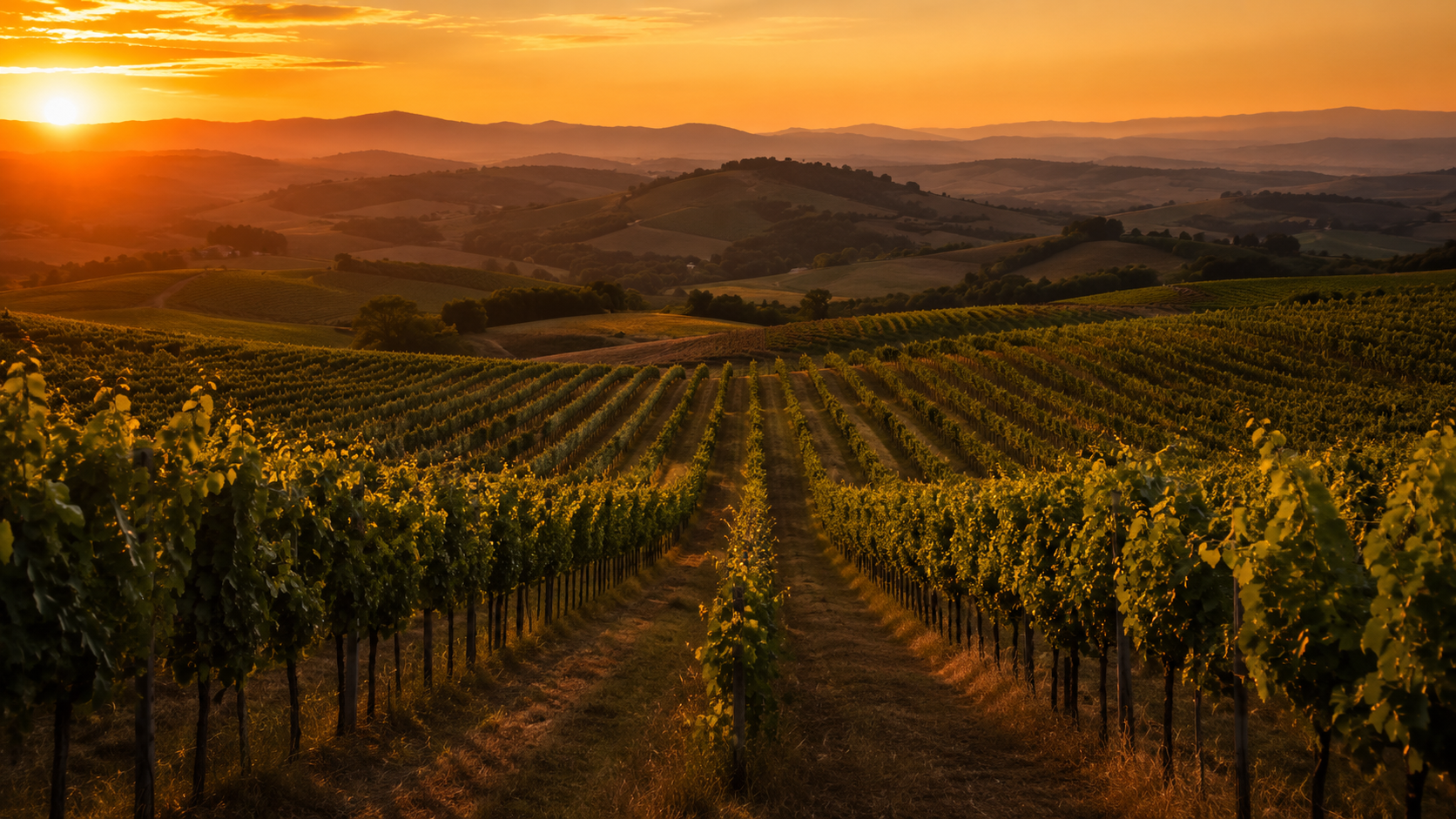 Des rangs de vigne dans un paysage vallonné de Nouvelle-Zélande au coucher du soleil